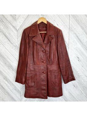 Vintage 70s Red Leather Jacket Car Coat Mid Length Trench Womens Medium